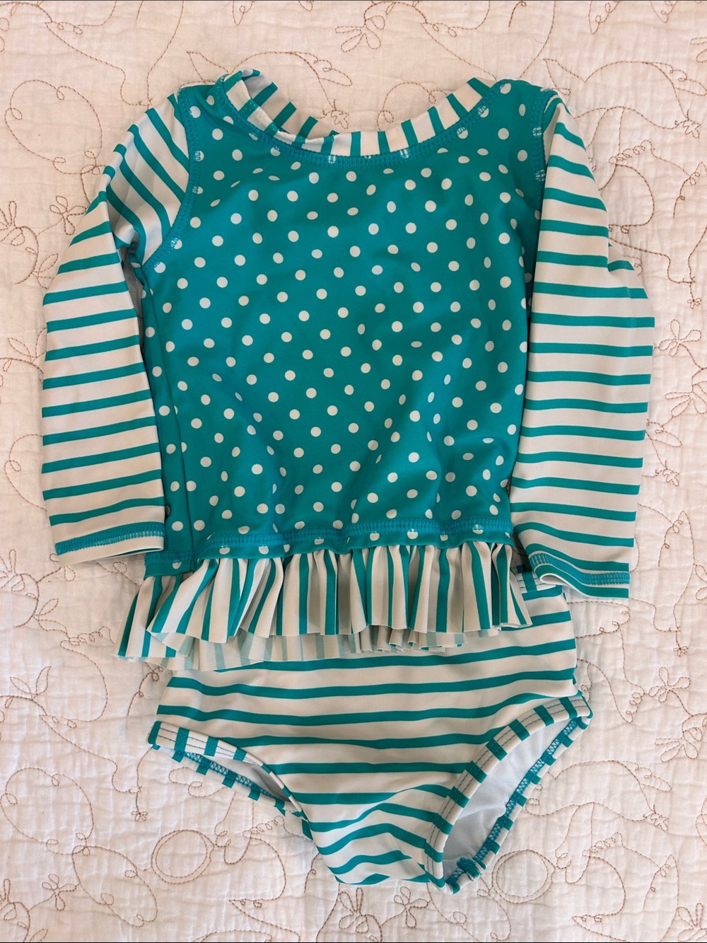 Ruffle Butts Teal and White Polka Dot & Stripe Long-Sleeve Swim Set